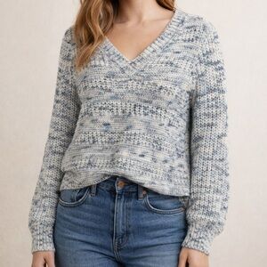 Falls Creek V Neck Chunky Knit Sweater Blue Cream Long Sleeve Women’s M
